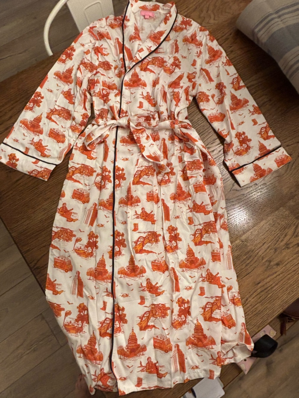 Katie Kime Austin Toile Robe NWT Cotton Modal Belted Lounge Robe Orange UT - Picture 8 of 15